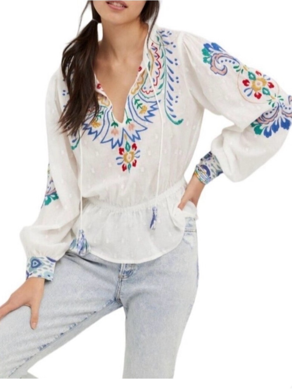 Anthropologie White Peasant Blouse with Multicolor Embroidery